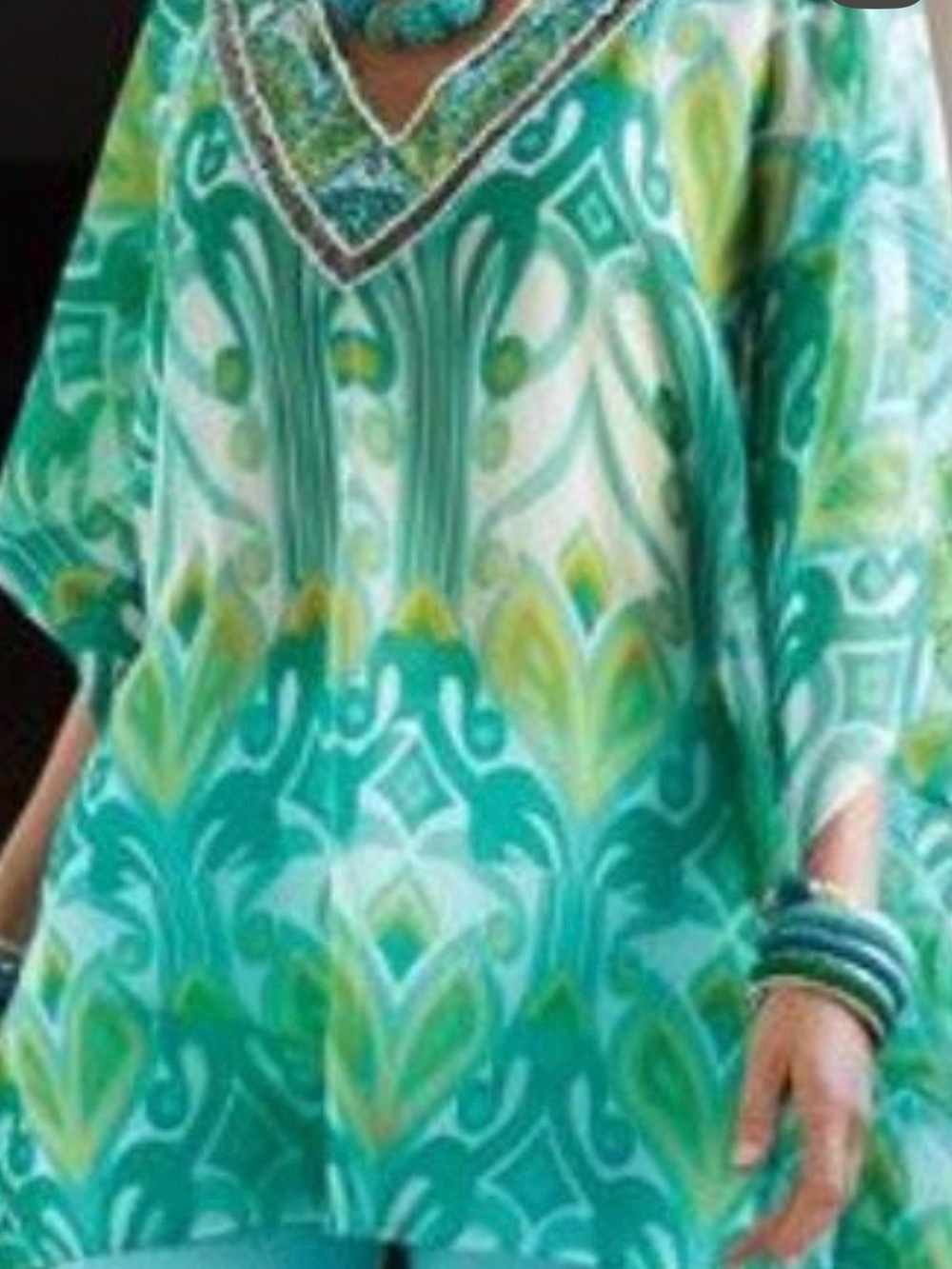 Ulla Popken Turquoise, Teal & Lime V-Neck Patterned Tunic